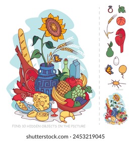 Find hidden objects. Still life. Sunflower in vase, food, fruits on plate, cheese, meat, egg, bottle. Hidden object puzzle game. Hand drawn vector illustration 