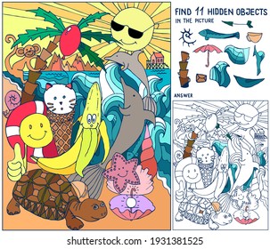 Find hidden objects. Summer. Puzzle for kids. Sea, beach, sun, palm, dolphins, turtle, ice cream. Game, puzzle for family celebration, school, party. Hand drawn vector.