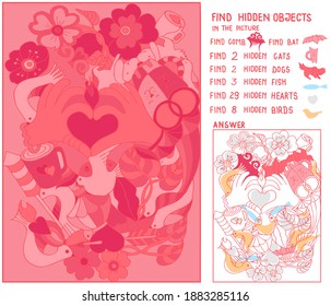 Find hidden objects. Symbols of love. Puzzle for kids or adult.  Valentine Day. Festive game for family celebration, school, party. Hand drawn vector illustration