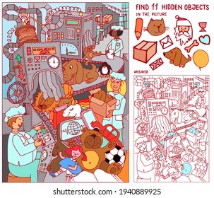 Find  hidden objects. Toy factory. Conveyor. Puzzle game for kids
. Waiting for Christmas. Hand drawn vector. Worksheet.