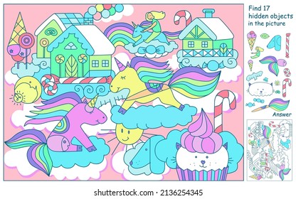Find the hidden objects. Unicorns in sky with sweet home, lollipops and candy city on clouds. Worksheet. Seek and find in puzzle game for kids or adult.