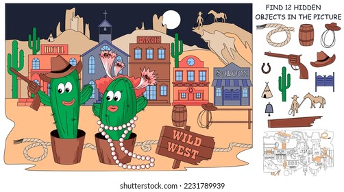 Find hidden objects. Wild West Cactus cowboy and cowgirl. Puzzle Hidden Items. Game for kids. Landscape with Western city. Funny Cacti flower pots. Cartoon sketch vector illustration.