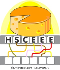 Find the hidden word by following the lines from the corresponding letters and write it in the destination box. Solve the riddle and find the word Cheese. Cartoon Vector available in EPS 10.