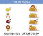 Find Hiding Animals. Child Exercise Sheet with wild animals. Printable worksheet. Cartoon vector illustration