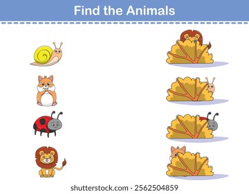 Find Hiding Animals. Child Exercise Sheet with wild animals. Printable worksheet. Cartoon vector illustration