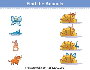 Find Hiding Animals. Child Exercise Sheet with wild animals. Printable worksheet. Cartoon vector illustration