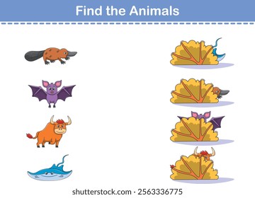 Find Hiding Animals. Child Exercise Sheet with wild animals. Printable worksheet. Cartoon vector illustration