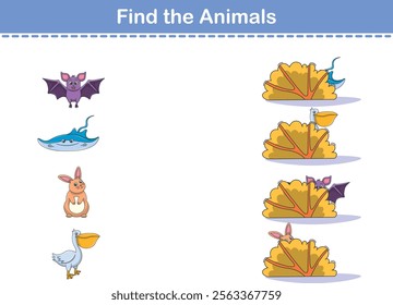 Find Hiding Animals. Child Exercise Sheet with wild animals. Printable worksheet. Cartoon vector illustration