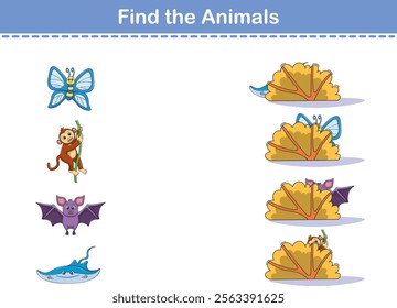 Find Hiding Animals. Child Exercise Sheet with wild animals. Printable worksheet. Cartoon vector illustration