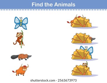 Find Hiding Animals. Child Exercise Sheet with wild animals. Printable worksheet. Cartoon vector illustration