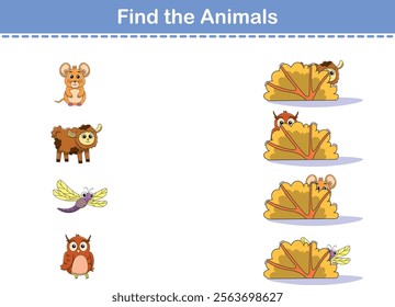 Find Hiding Animals. Child Exercise Sheet with wild animals. Printable worksheet. Cartoon vector illustration