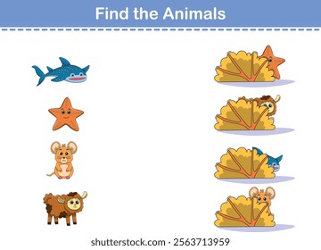 Find Hiding Animals. Child Exercise Sheet with wild animals. Printable worksheet. Cartoon vector illustration