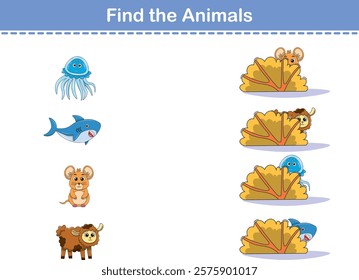 Find Hiding Animals. Child Exercise Sheet with wild animals. Printable worksheet. Cartoon vector illustration