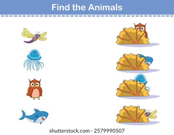 Find Hiding Animals. Child Exercise Sheet with wild animals. Printable worksheet. Cartoon vector illustration