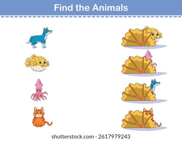 Find Hiding Animals. Child Exercise Sheet with wild animals. Printable worksheet. Cartoon vector illustration
