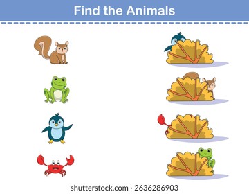Encontre Animais Ocultos. Folha de Exercício Infantil com animais selvagens. Planilha imprimível. Ilustração de vetor de desenhos animados