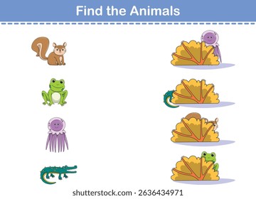 Encontre Animais Ocultos. Folha de Exercício Infantil com animais selvagens. Planilha imprimível. Ilustração de vetor de desenhos animados
