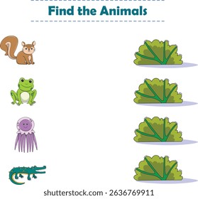 Encuentra Animales Escondidos. Hoja de ejercicio infantil con animales salvajes. Hoja de trabajo imprimible. Ilustración vectorial de dibujos animados
