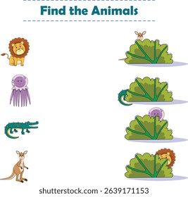 Find Hiding Animals. Child Exercise Sheet with wild animals. Printable worksheet. Cartoon vector illustration