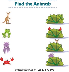 Find Hiding Animals. Child Exercise Sheet with wild animals. Printable worksheet. Cartoon vector illustration