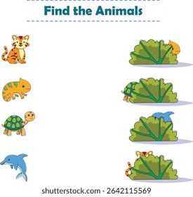 Find Hiding Animals. Child Exercise Sheet with wild animals. Printable worksheet. Cartoon vector illustration