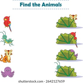 Find Hiding Animals. Child Exercise Sheet with wild animals. Printable worksheet. Cartoon vector illustration