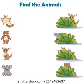 Find Hiding Animals. Child Exercise Sheet with wild animals. Printable worksheet. Cartoon vector illustration