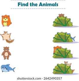 Find Hiding Animals. Child Exercise Sheet with wild animals. Printable worksheet. Cartoon vector illustration