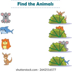 Encuentra Animales Escondidos. Hoja de ejercicio infantil con animales salvajes. Hoja de trabajo imprimible. Ilustración vectorial de dibujos animados