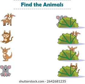 Find Hiding Animals. Child Exercise Sheet with wild animals. Printable worksheet. Cartoon vector illustration