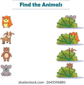 Find Hiding Animals. Child Exercise Sheet with wild animals. Printable worksheet. Cartoon vector illustration