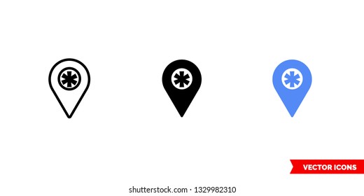 Find hospital icon of 3 types: color, black and white, outline. Isolated vector sign symbol.