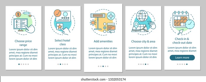 Find hotel onboarding mobile app page screen with linear concepts. Hotel booking website. Choose room amenities walkthrough steps graphic instructions. UX, UI, GUI vector template with icons