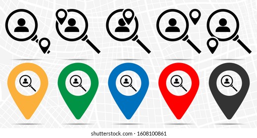 Find, human icon in location set. Simple glyph, flat illustration element of business theme icons