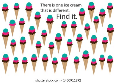 Find ice cream that different, spring fun education puzzle game for children, preschool worksheet activity for kids, task for the development of logical thinking and mind, vector illustration