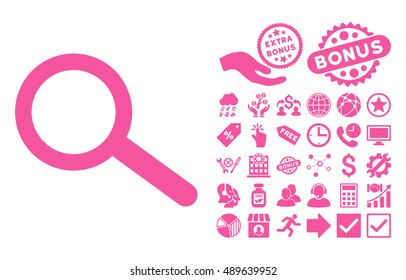 Find icon with bonus pictogram. Vector illustration style is flat iconic symbols, pink color, white background.