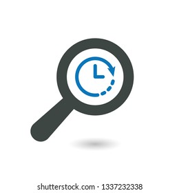 Find icon with clock sign. Find icon and countdown, deadline, schedule, planning symbol. Vector illustration