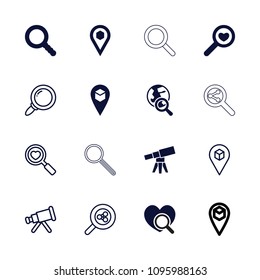 Find icon. collection of 16 find filled and outline icons such as location, search, telescope, heart search. editable find icons for web and mobile.