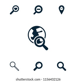 Find icon. collection of 7 find filled icons such as search, zoom out, heart search, location, globe search. editable find icons for web and mobile.