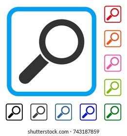 Find icon. Flat grey iconic symbol in a light blue rounded frame. Black, gray, green, blue, red, orange color versions of Find vector. Designed for web and software UI.