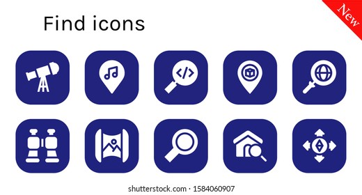 find icon set. 10 filled find icons.  Simple modern icons about  - Telescope, Location, Search, Pin, Binoculars, Mapping, Destination