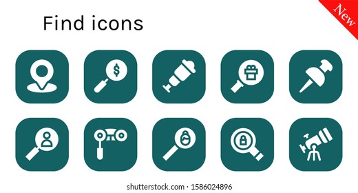 find icon set. 10 filled find icons.  Simple modern icons about  - Location, Search, Spyglass, Magnifying glass, Pin, Binoculars, Telescope