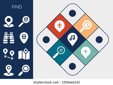  find icon set. 13 filled find icons. Simple modern icons about  - Location, Zoom, Destination, Maps, Binoculars, Search, Pin, Magnifying glass