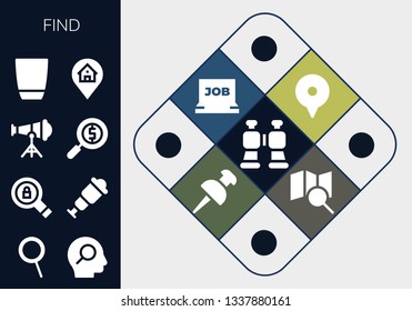 find icon set. 13 filled find icons.  Simple modern icons about  - Binoculars, Zoom, Search, Spyglass, Telescope, Magnifying glass, Glass, Location, Job search, Pin