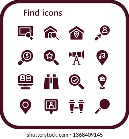 find icon set. 16 filled find icons.  Simple modern icons about  - Search, Location, Telescope, Recruitment, Binoculars, Pin, Location pin, Loupe