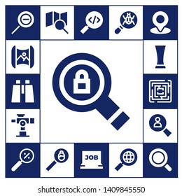 find icon set. 17 filled find icons.  Simple modern icons about  - Zoom out, Mapping, Binoculars, Search, Telescope, Glass, Labyrinth, Magnifying glass, Job search, Loupe, Location