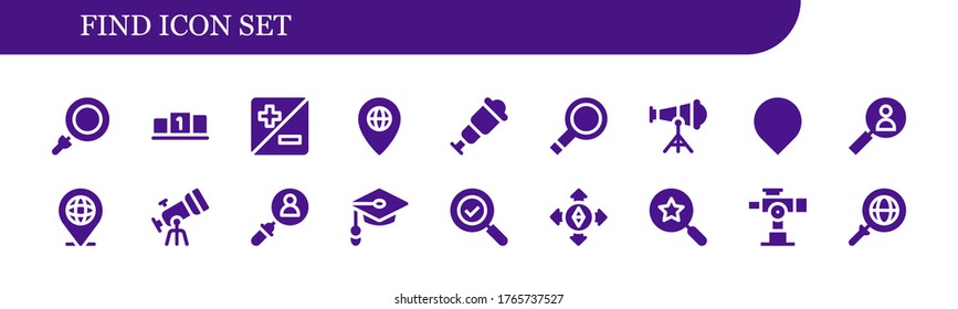 Icon-Set suchen. 18 gefüllte Suchsymbole. Einschließlich Loupe, Position, Zoom, Pin, Spyglass, Vergrößerungsglas, Teleskop, Standort, Suche, Arbeitslose, Zielsymbole