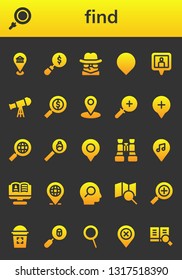 find icon set. 26 filled find icons.  Simple modern icons about  - Location, Loupe, Magnifying glass, Detective, Location pin, Telescope, Search, Zoom in, Binoculars, Recruitment
