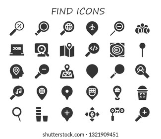 find icon set. 30 filled find icons.  Collection Of - Magnifying glass, Search, Pin, Zoom out, Binoculars, Job search, Maps, Location, Location pin, Loupe, Glass, Zoom, Destination