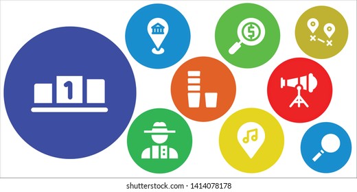 find icon set. 9 filled find icons.  Collection Of - Position, Location, Magnifying glass, Detective, Glass, Telescope, Destination, Loupe